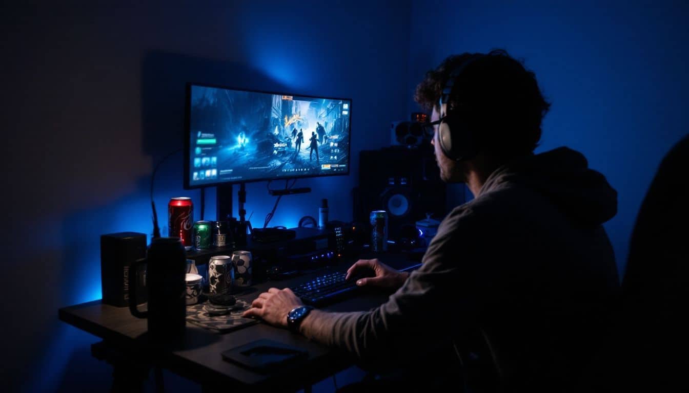 A cluttered gaming desk lit by a glowing TV screen.