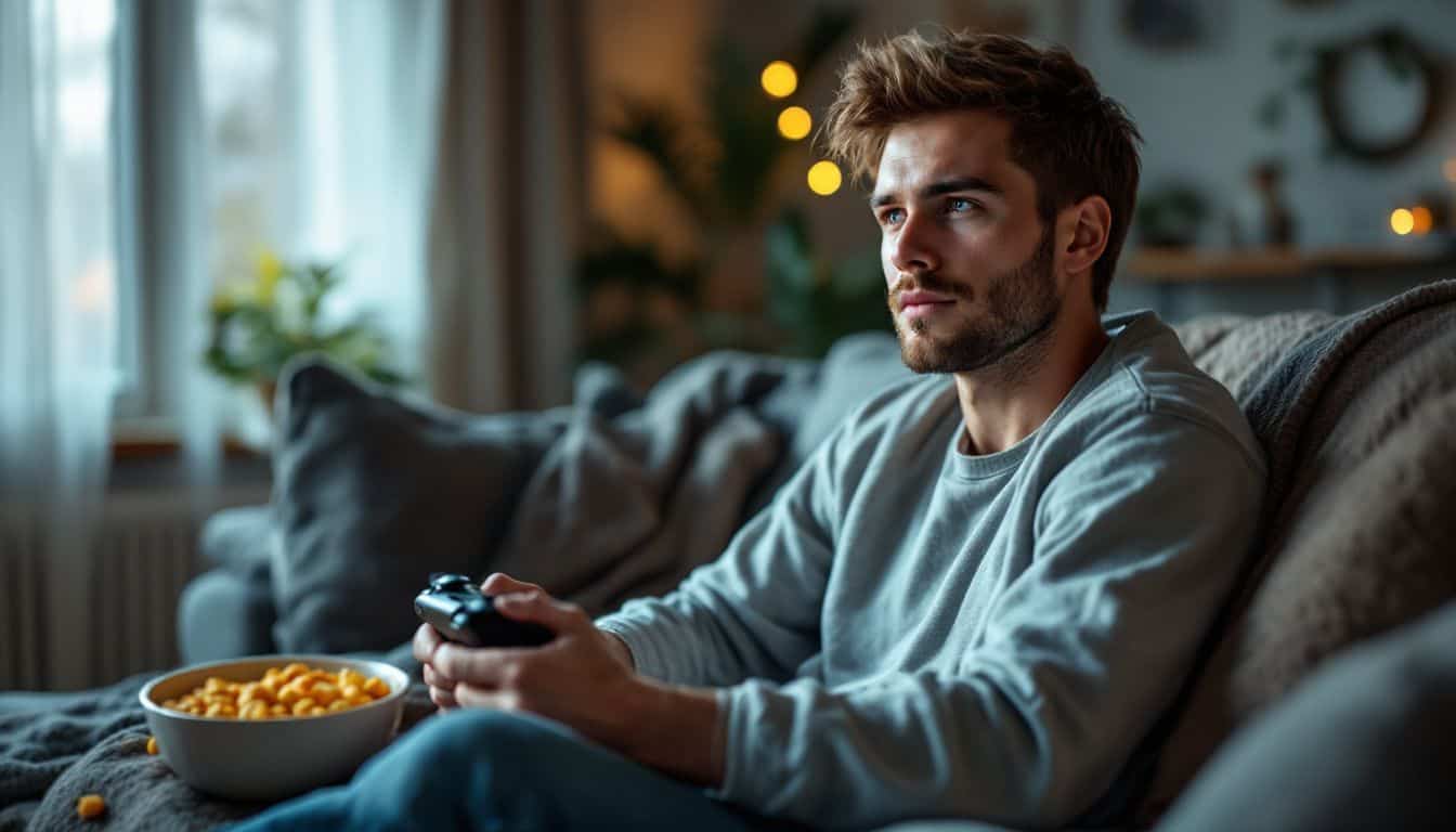 A young man is engrossed in playing a video game at home.