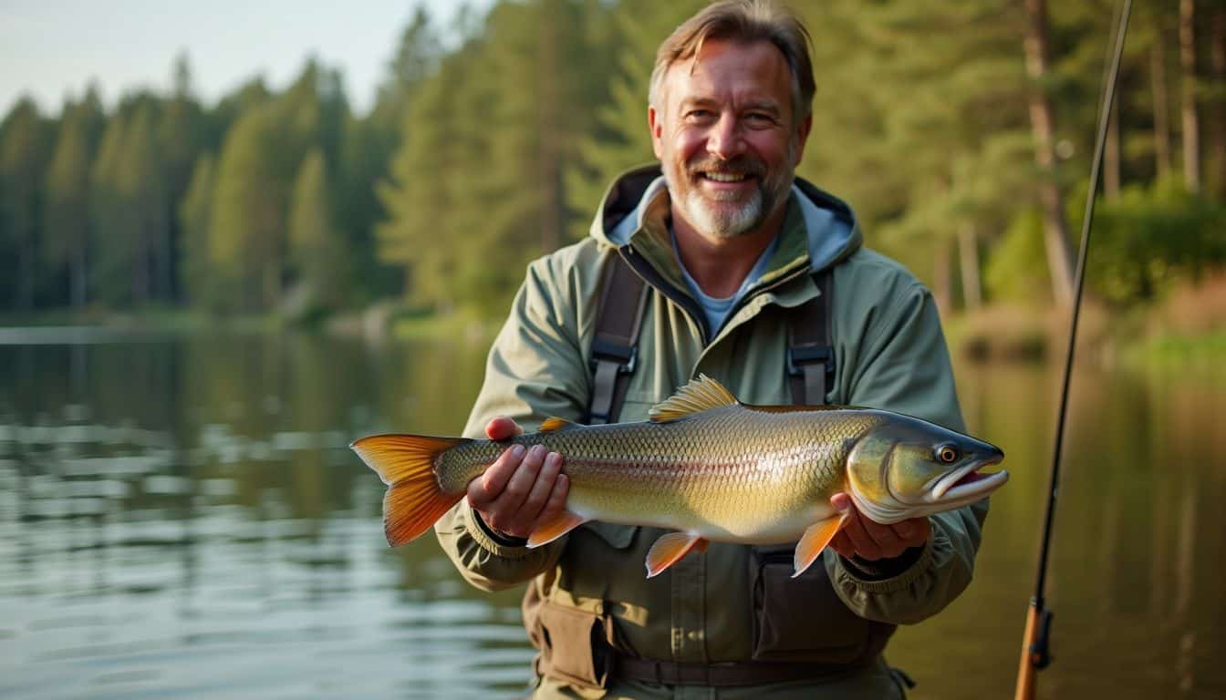 A man smiling with a large fish he caught by the lake.