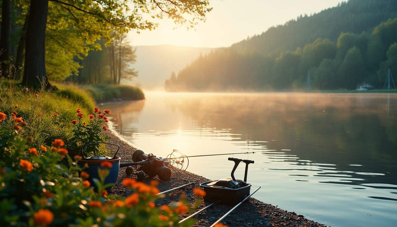 A tranquil sunrise scene at a lake with fishing gear.