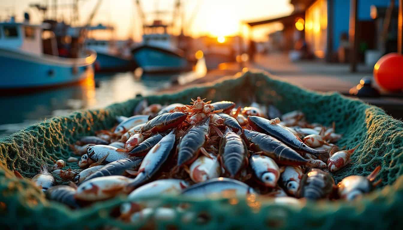 A fishing net full of sea creatures on a dock at sunset.