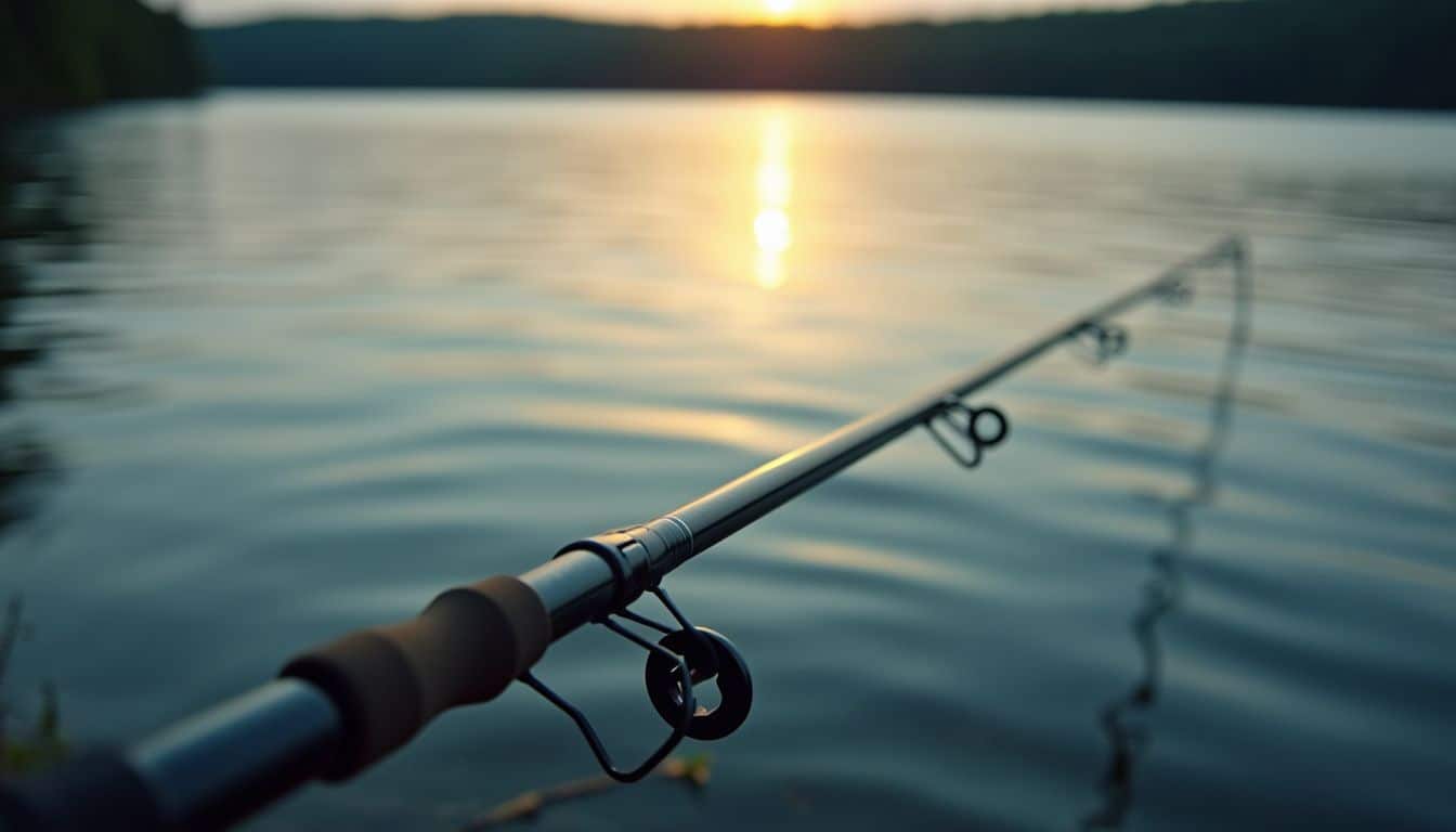 A fishing rod by a calm lake at dawn.