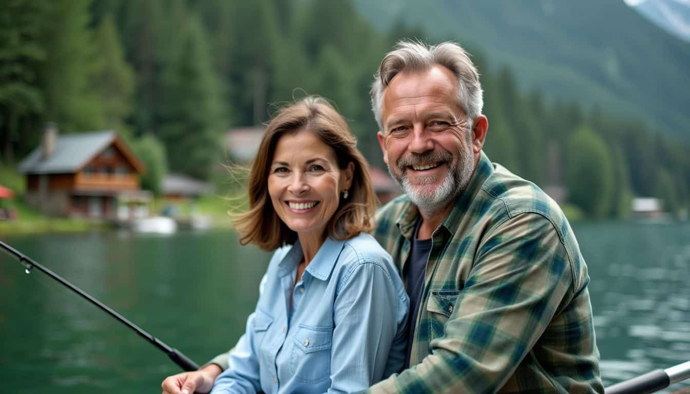 A couple enjoying a peaceful fishing trip on a calm lake.