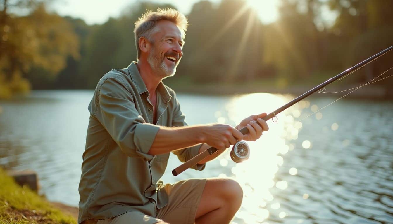 A middle-aged man joyfully fishing by a calm lake.