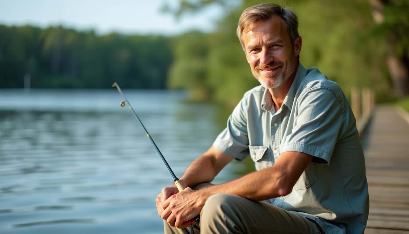 A man in his 40s sits on a wooden dock by a tranquil lake, fishing.