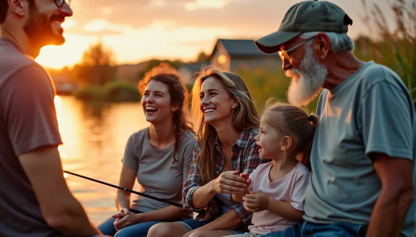 A group of friends of different ages fishing and laughing together at a peaceful lake during sunset.