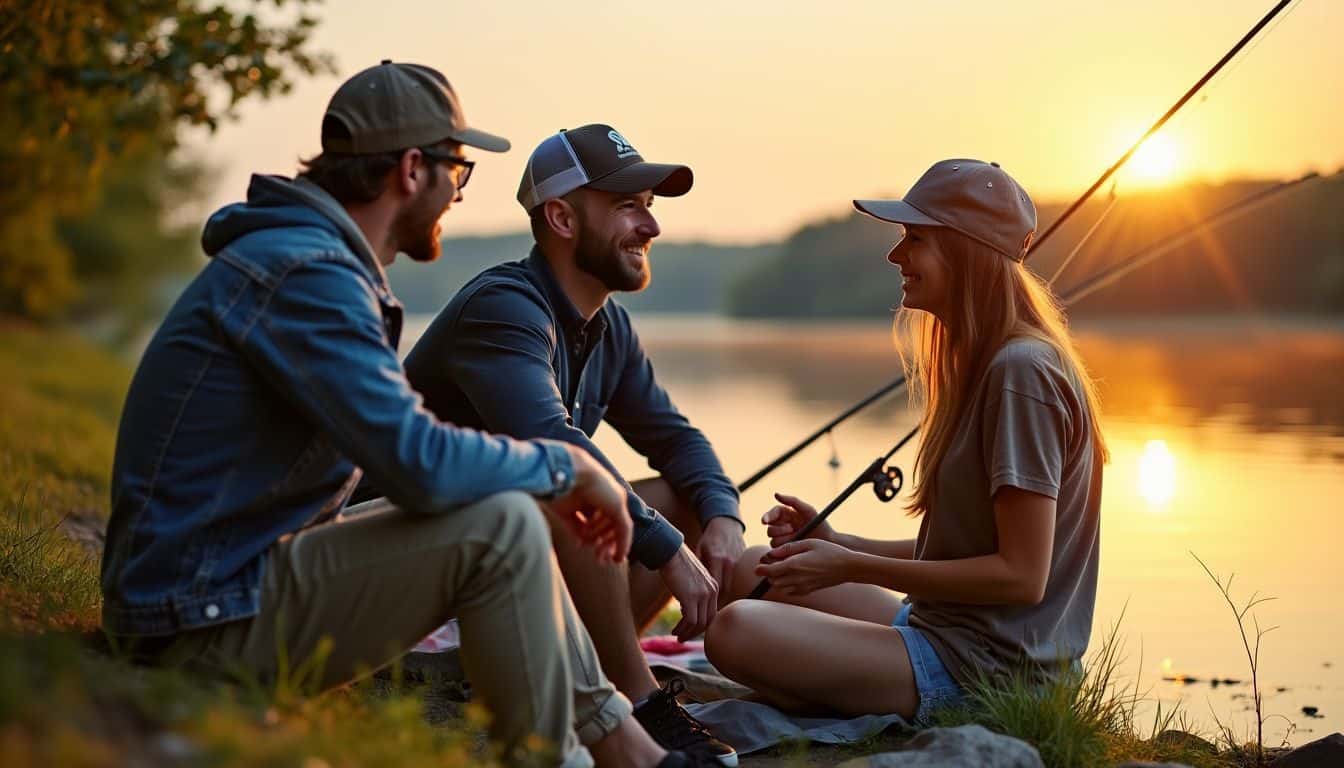 A group of friends enjoy a relaxed fishing trip at sunset.