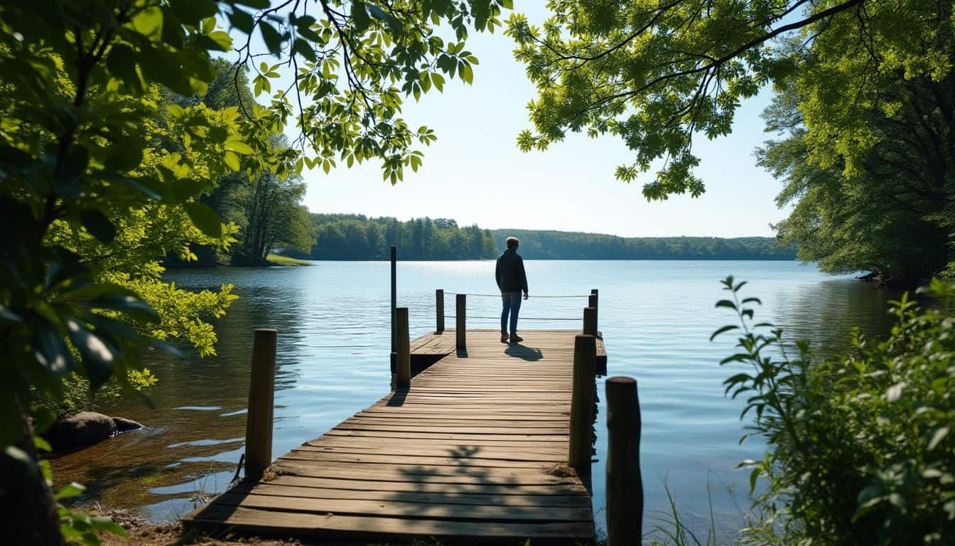 A person enjoys the calm lakeside scene on a fishing dock.