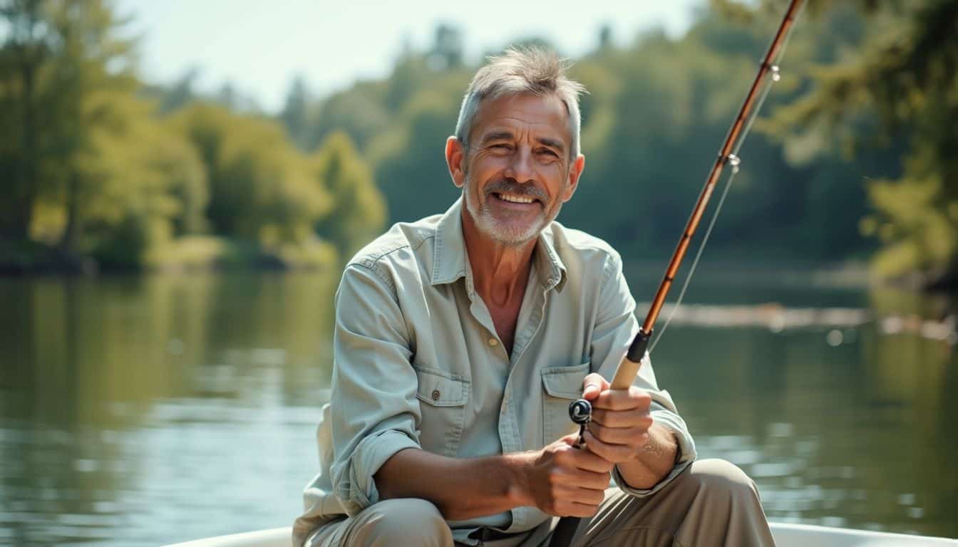 A middle-aged man peacefully fishing on a calm lake.