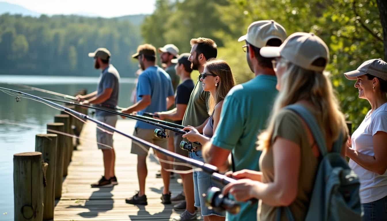 A diverse group of anglers enjoying a peaceful day at the lake.