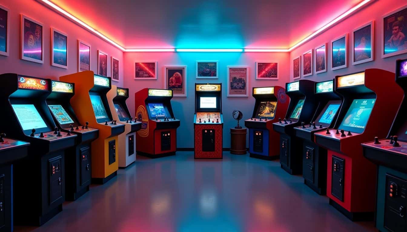 A retro arcade room filled with classic arcade cabinets and a pinball machine.