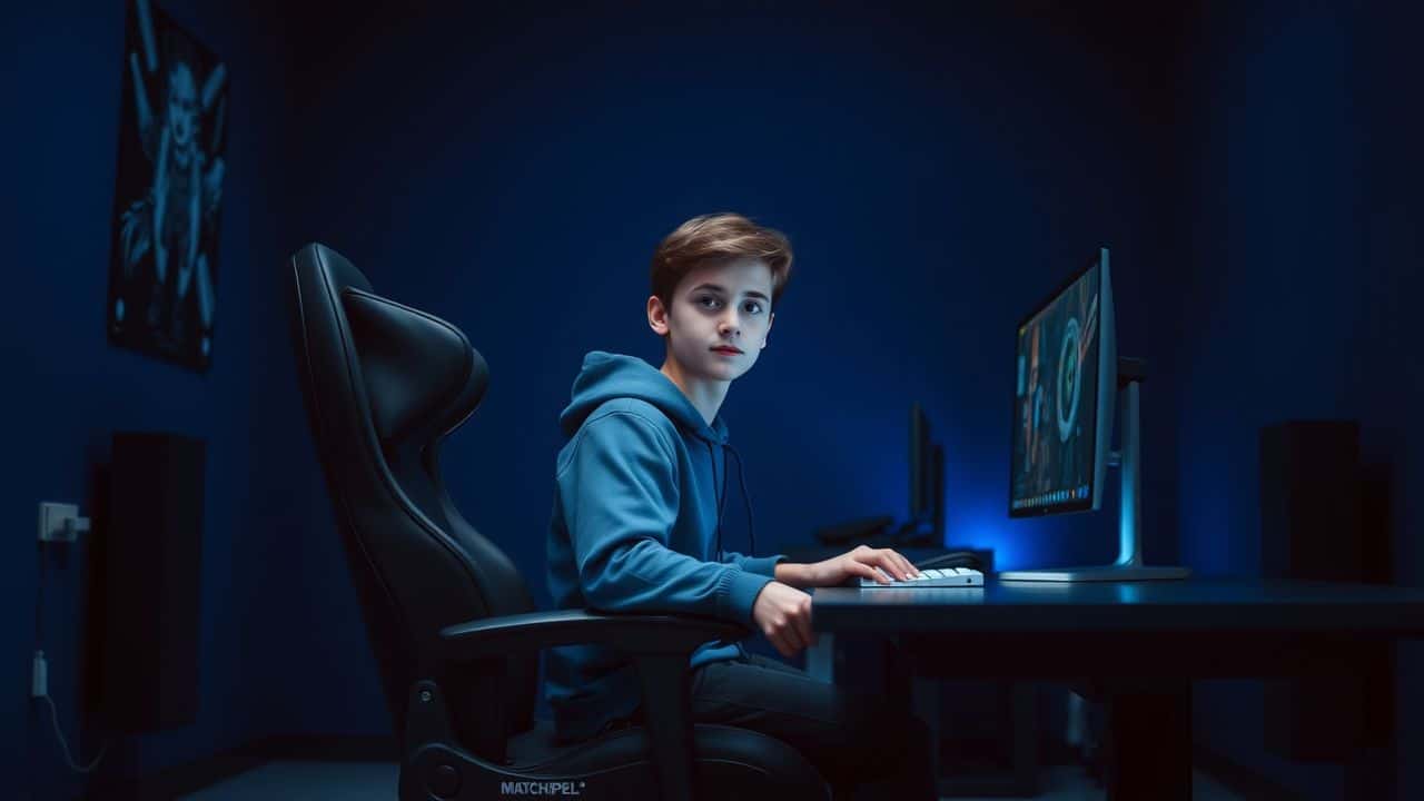 A teenager comfortably gaming in a blue-themed room with adjustable furniture.