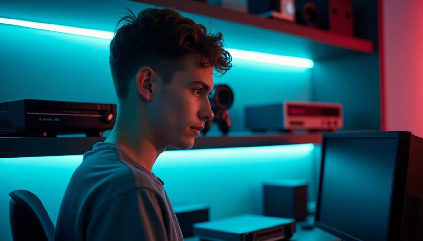 A young man is arranging his vintage video game collection on a custom shelf in a modern gaming room.