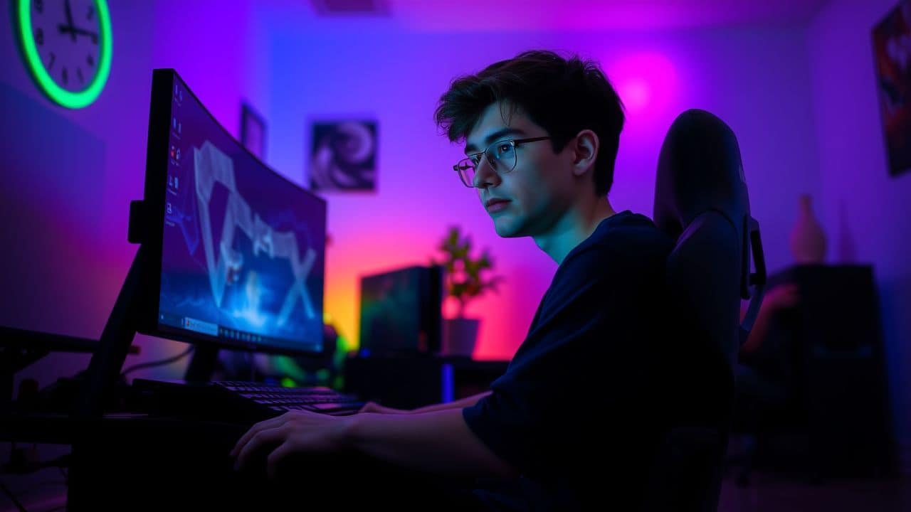 A teenage gamer sitting in a colorful, dimly lit room.