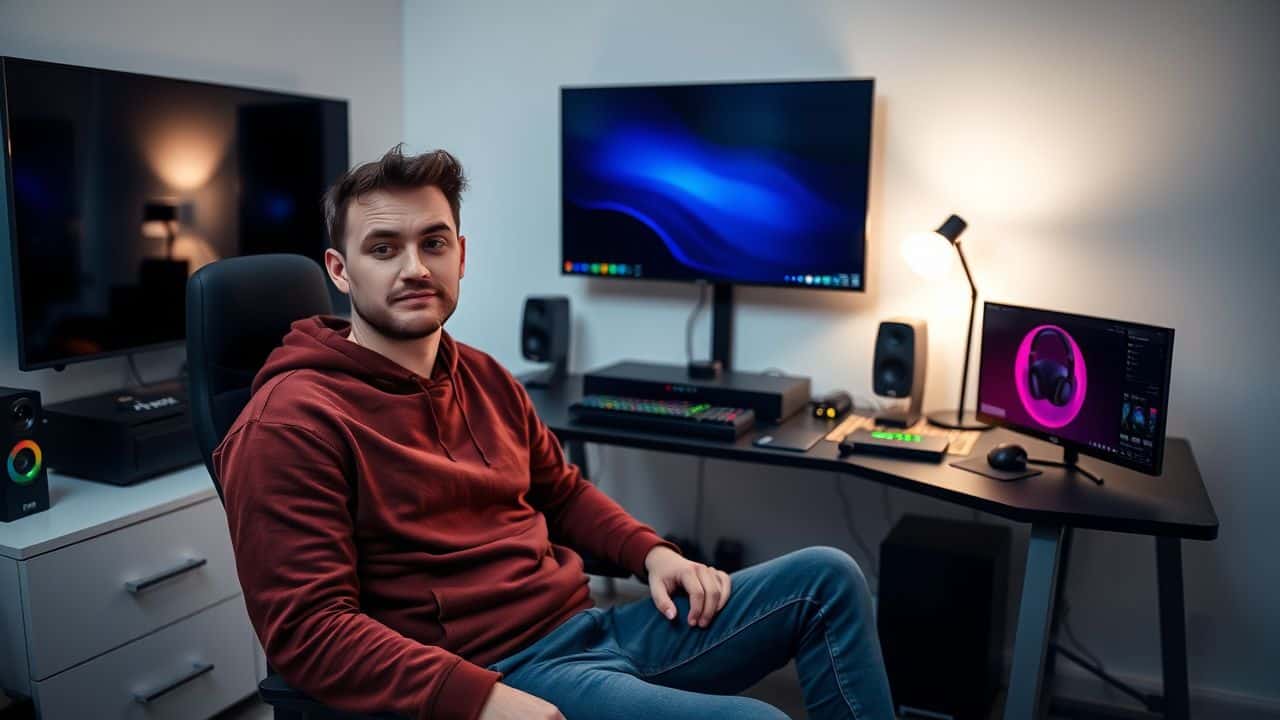 A young man sitting at a gaming setup in a simple room.