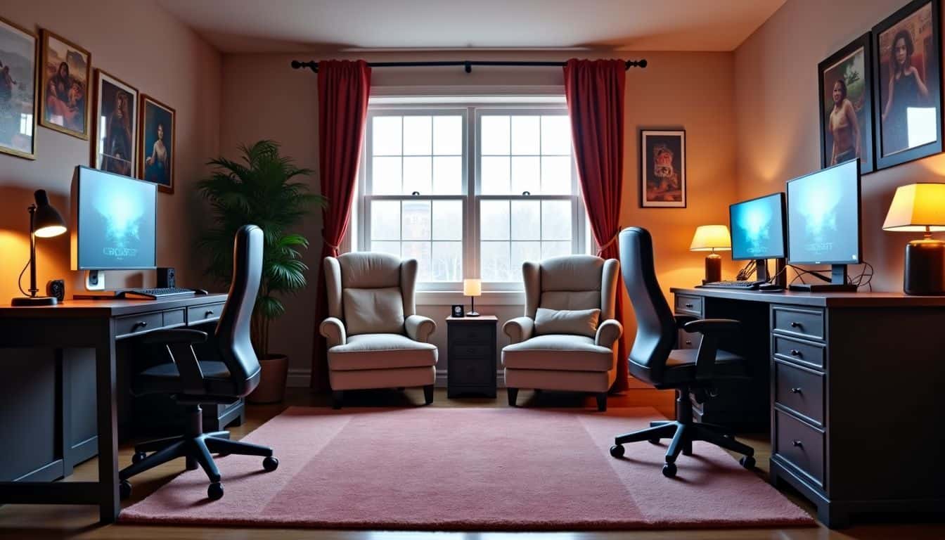 A cozy gaming room with comfortable chairs and stylish desks.