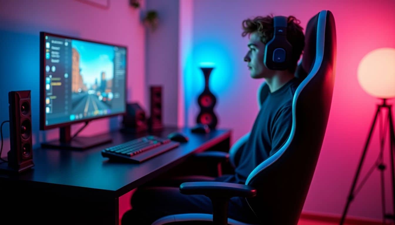 'Futuristic gaming setup with high-tech chair, surround sound, and smart lighting.'