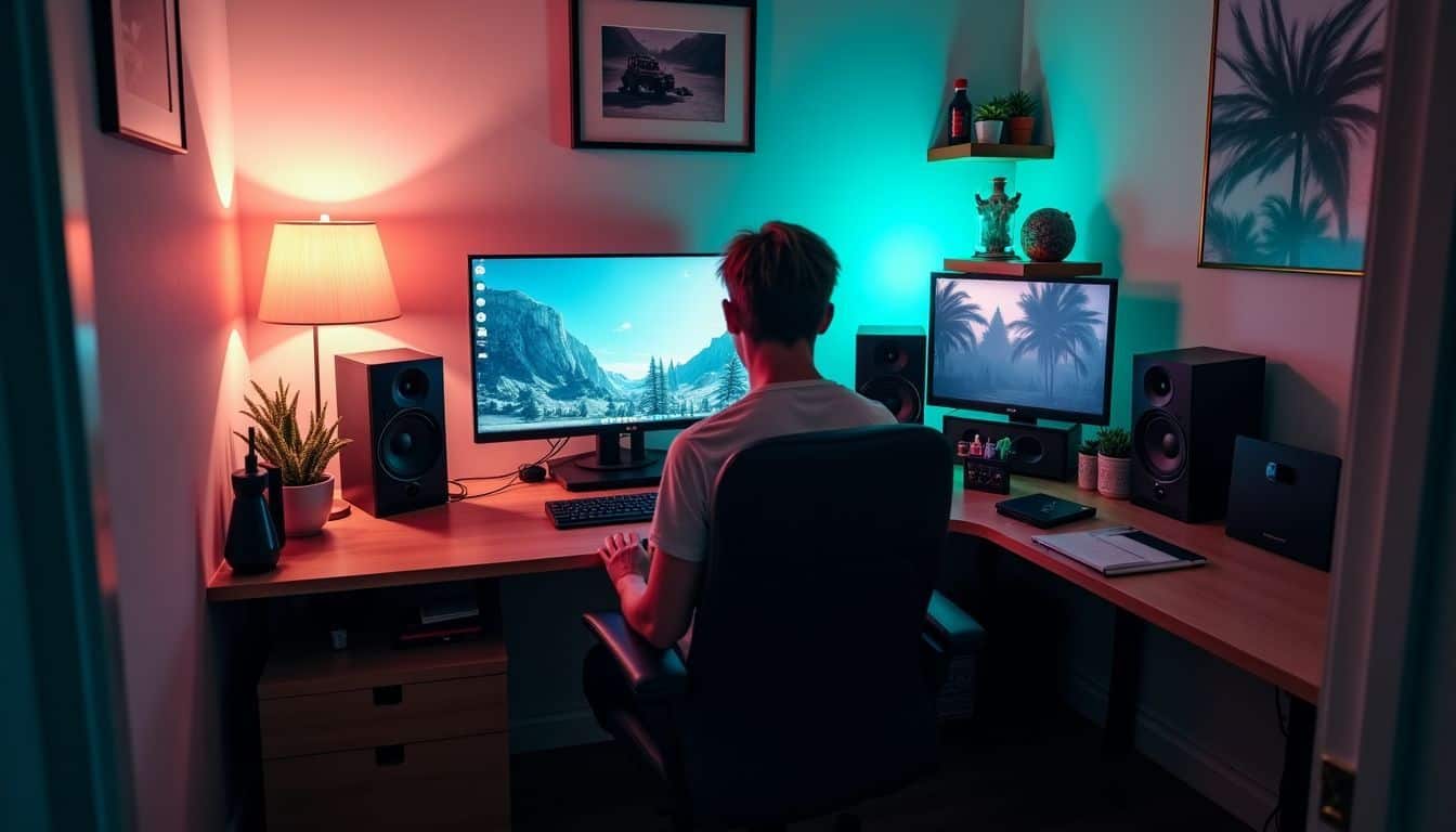 A cluttered gaming room with a multi-functional desk for organization.