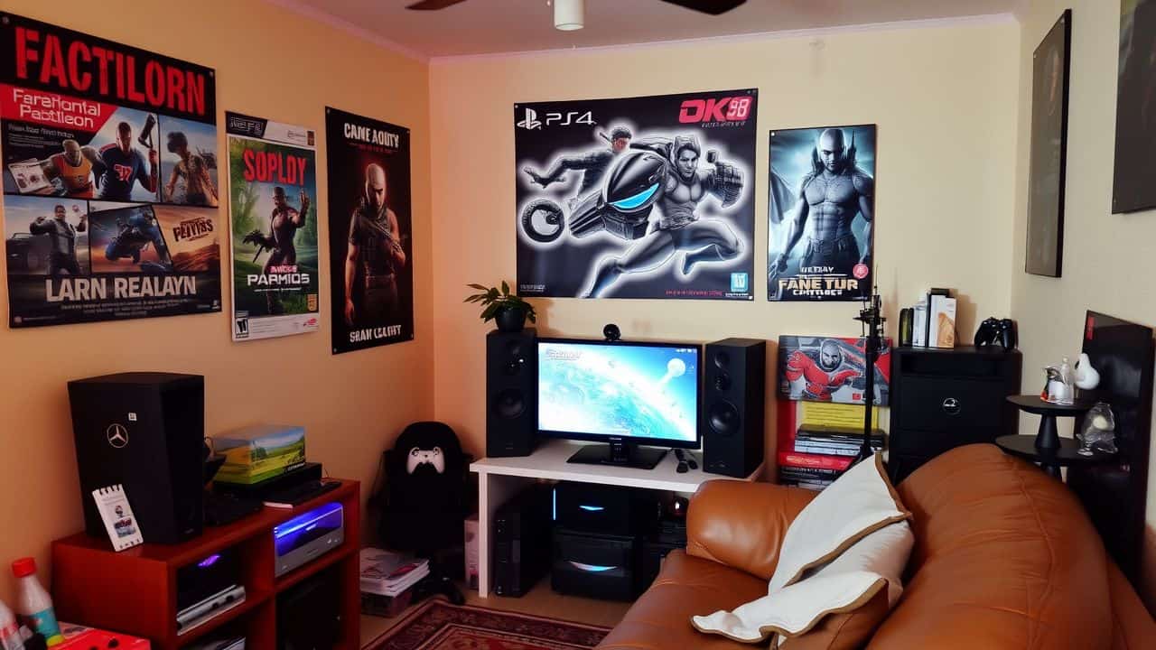 A cozy gaming setup with posters and collectibles for an enjoyable experience.