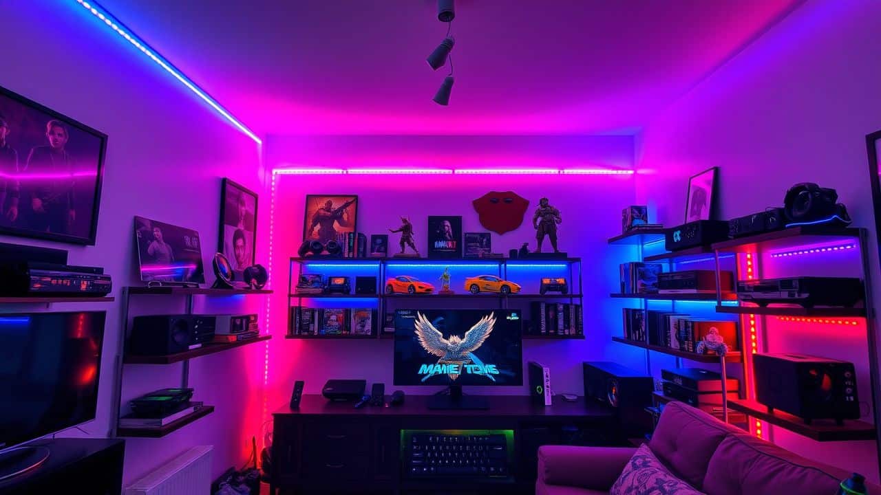 A cozy gaming room with colorful RGB strips and collectibles on shelves.