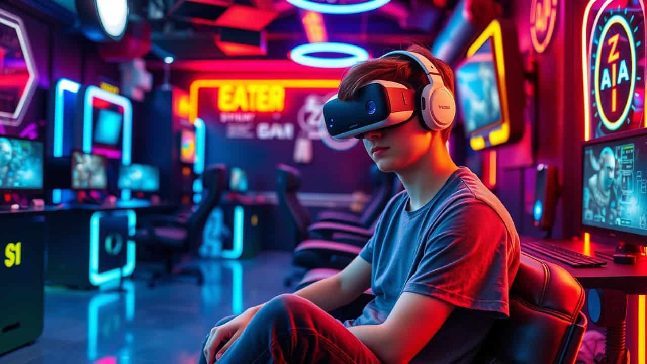 A teenage gamer in a cyberpunk-themed room focusing on virtual reality.