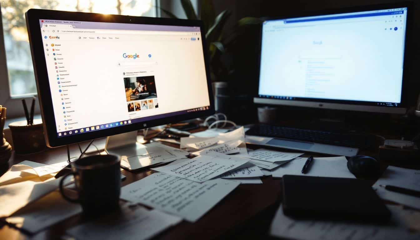 A cluttered desk with an open computer displaying various tabs.