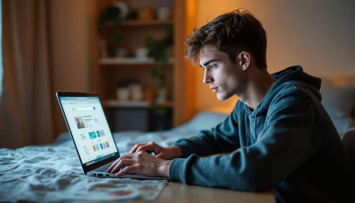 A young adult working on a laptop in a cozy bedroom.