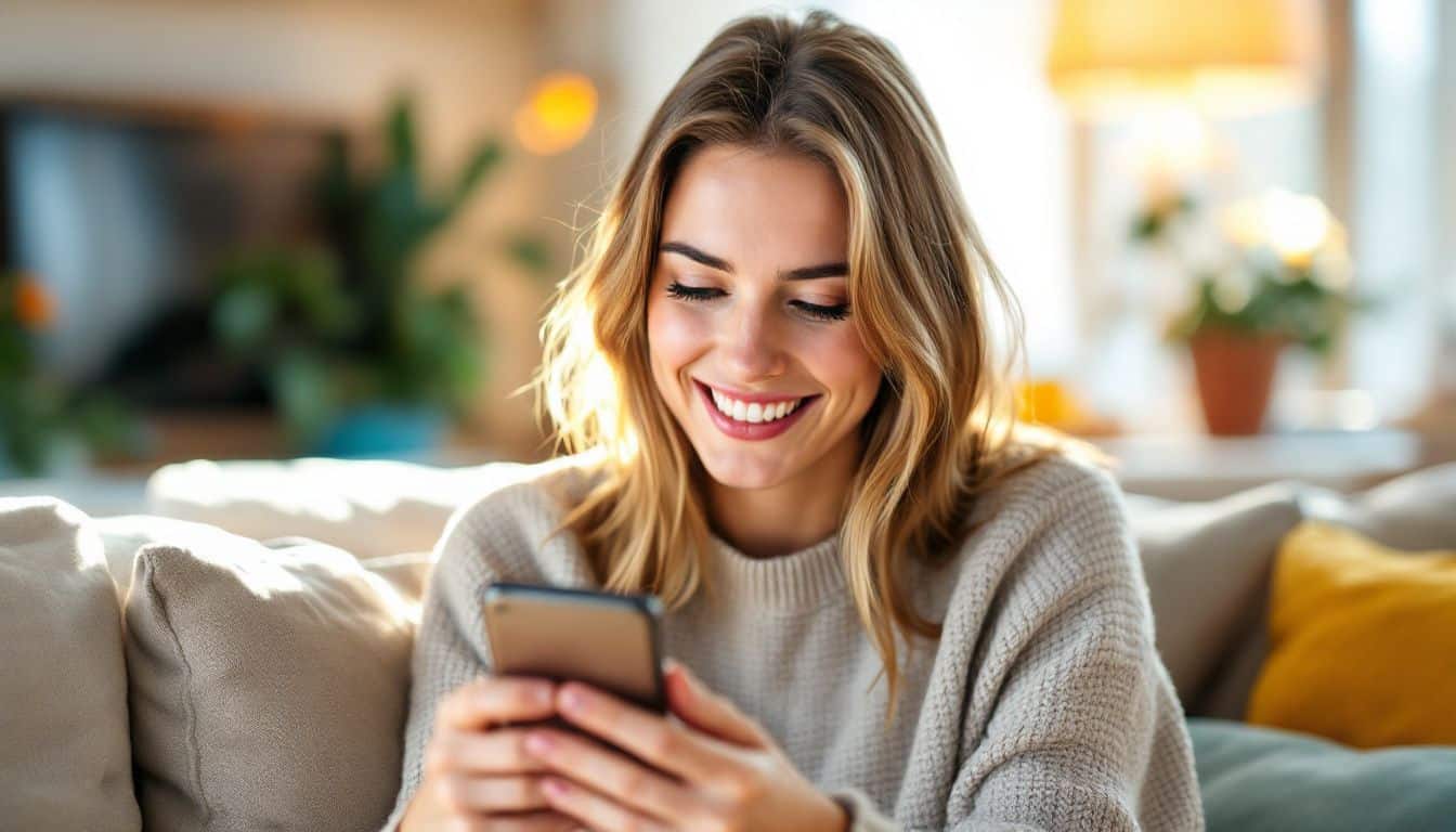 A woman in a cozy living room, joyfully browsing on her phone.