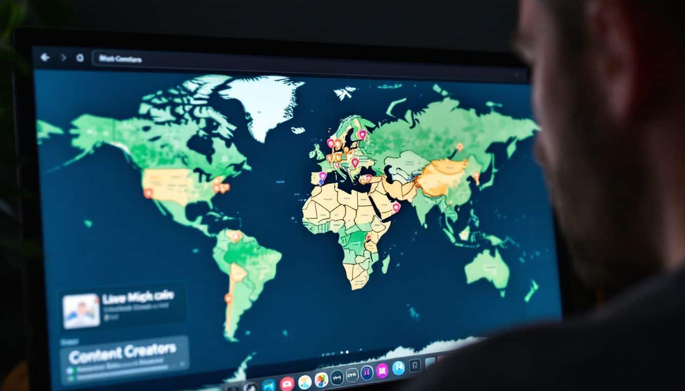 A person is viewing a world map with content creator locations.