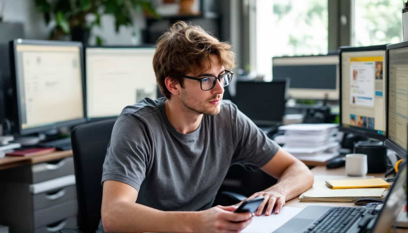 A person searches for OnlyFans creators at a cluttered desk.