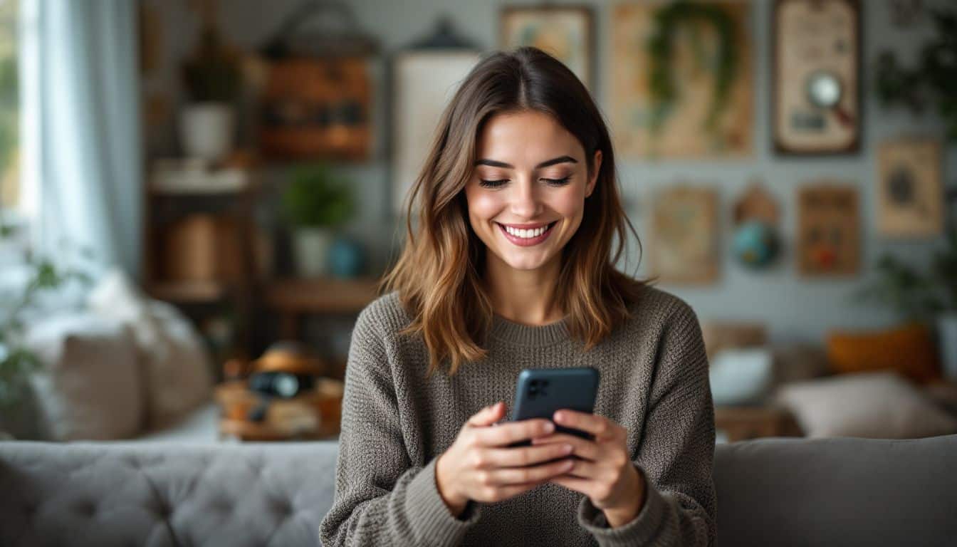 A woman in her late 20s is uploading a photo for image recognition services in a cozy room with detective-themed decorations.