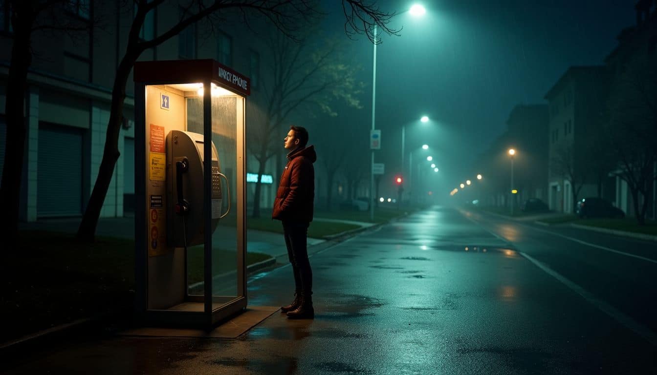 Une cabine téléphonique solitaire dans une rue sombre et pluvieuse.