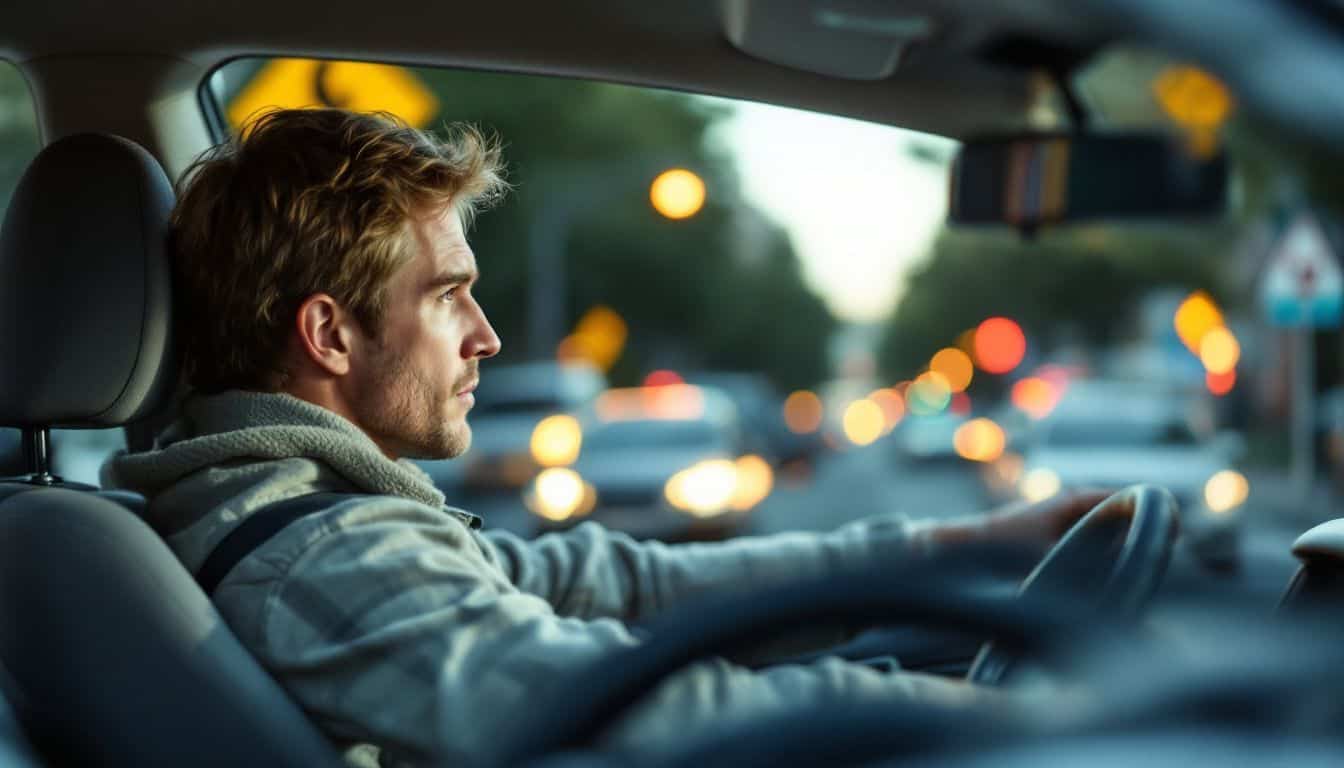 Un conducteur d'une trentaine d'années naviguant dans un trafic urbain très fréquenté.