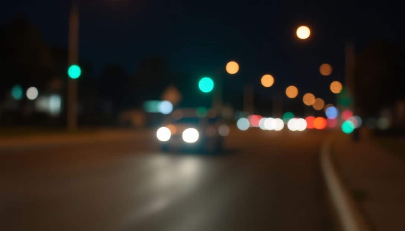 Une voiture fait un écart entre les voies dans une rue faiblement éclairée la nuit.