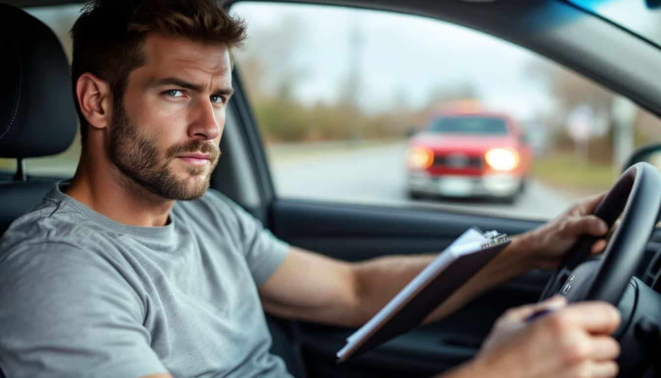 Un homme assis dans une voiture, écrivant un numéro de plaque d’immatriculation.