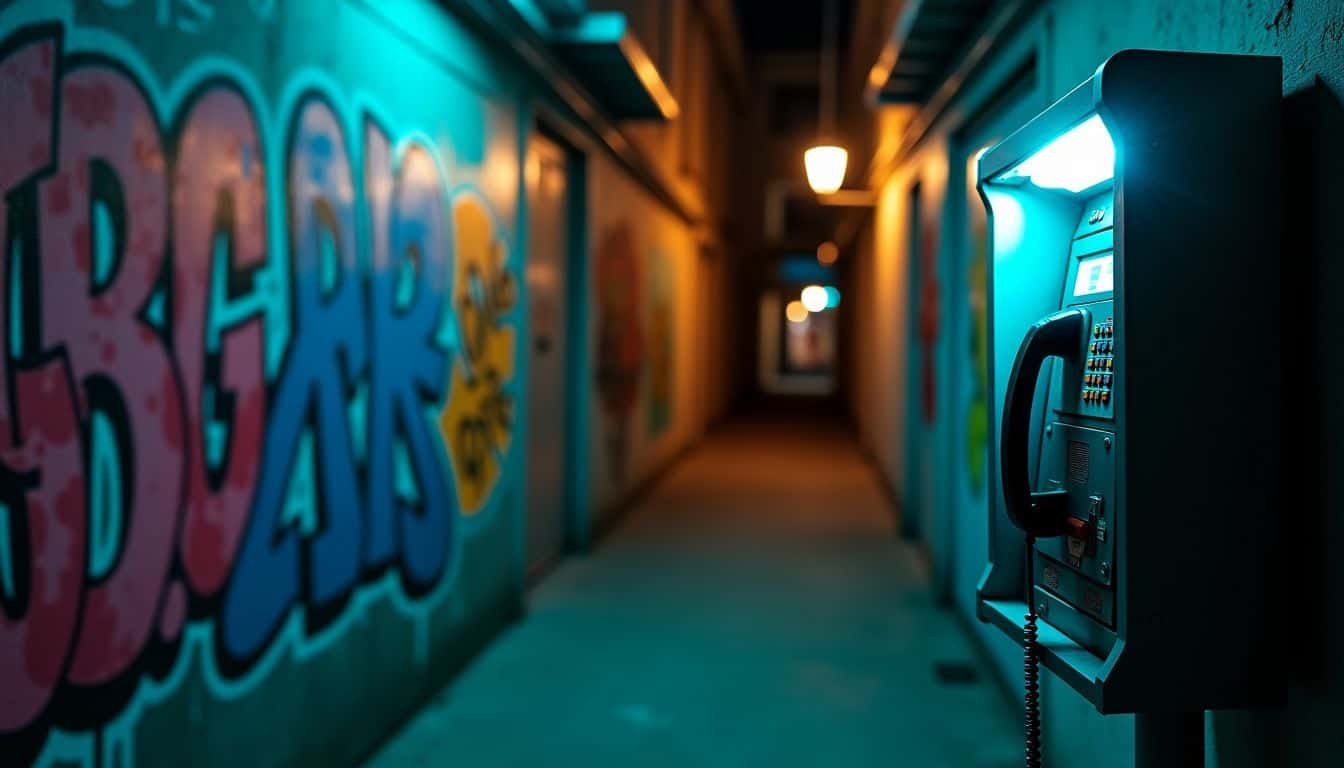 Une ruelle faiblement éclairée avec des graffitis colorés et un téléphone public lumineux.