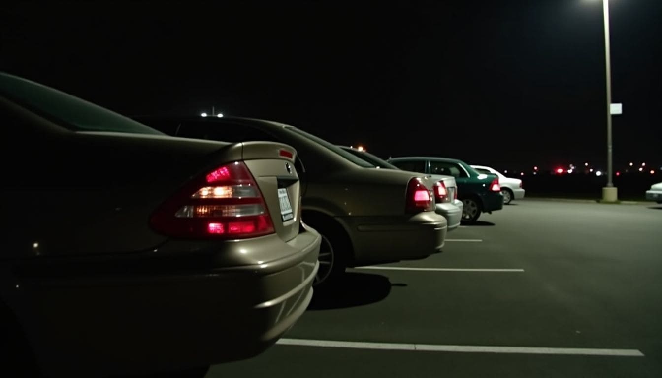 Un parking sombre et vide avec un feu arrière de voiture endommagé.