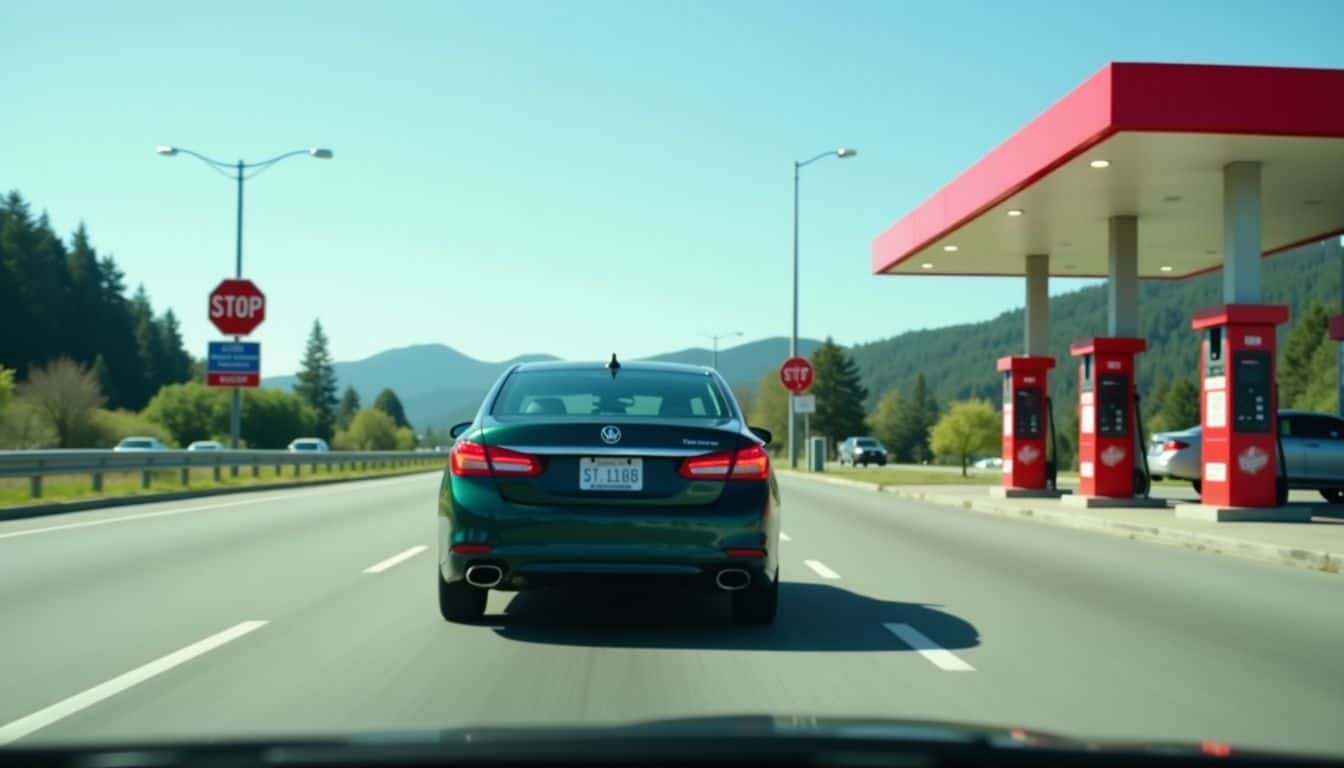 Une berline vert foncé passe devant une grande station-service sur l’autoroute 101.