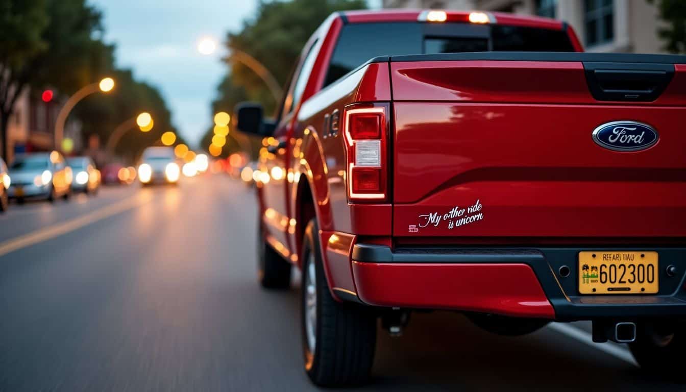 Un Ford F-150 rouge avec une bosse et un autocollant de pare-chocs.