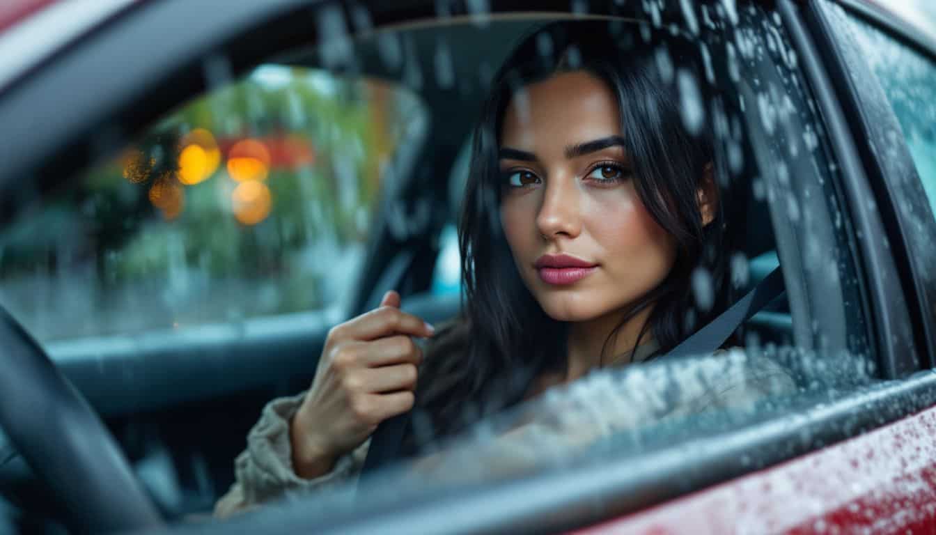 A person in their 30s preparing to drive on a rainy day.