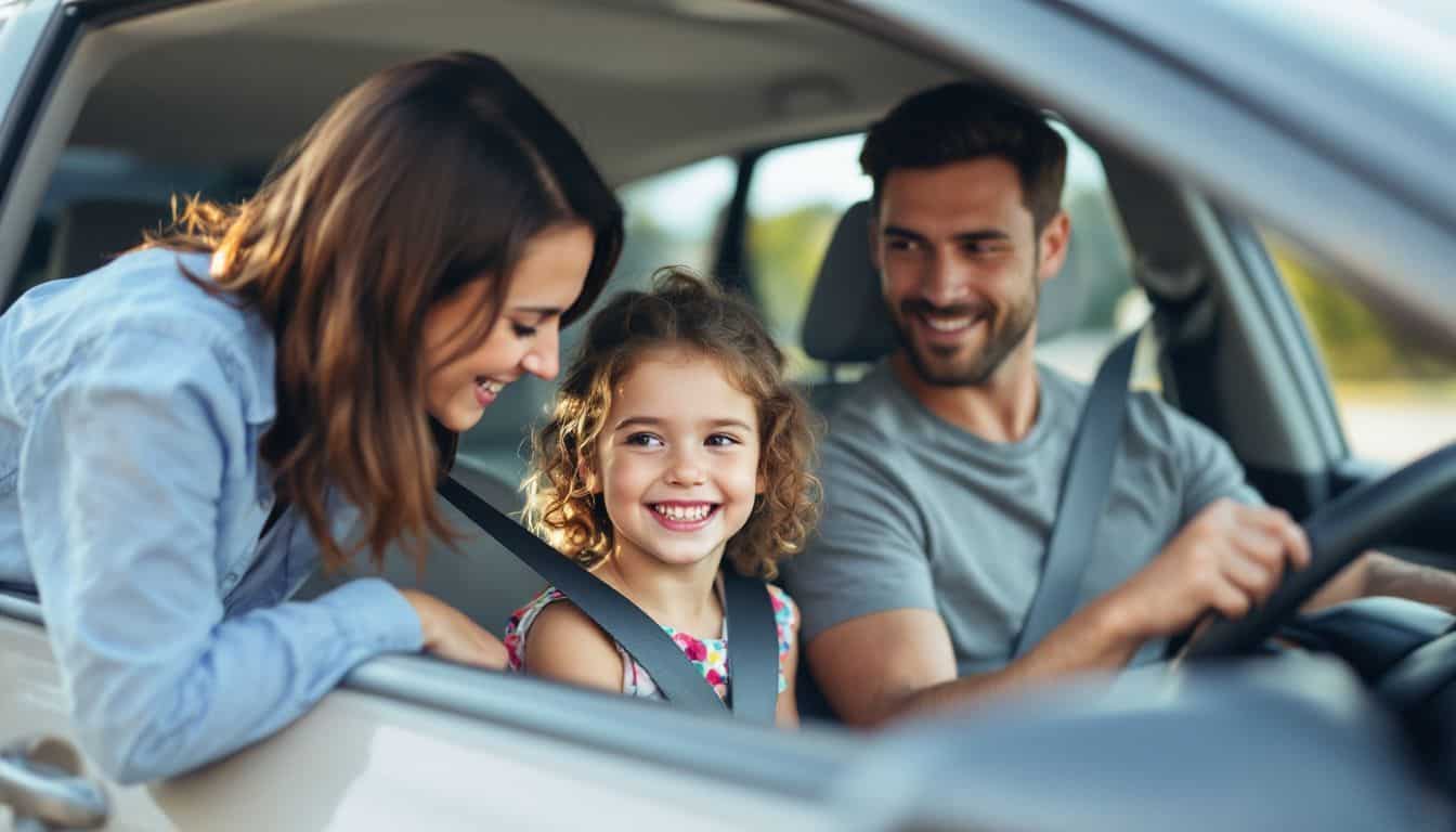 A family of three getting into the car and buckling up.