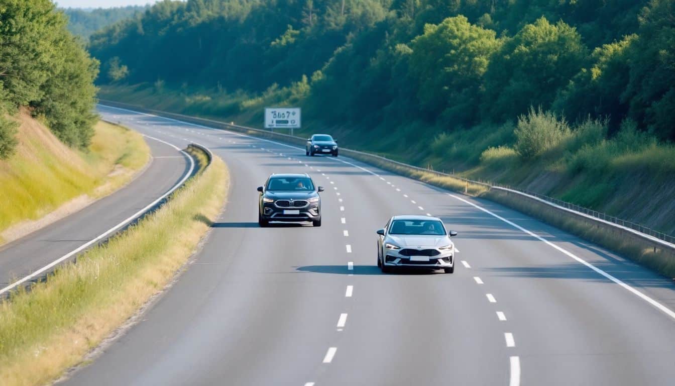 Two cars driving on a clear highway while maintaining safe distance.