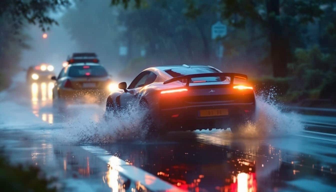 A car carefully navigates a wet road in heavy rain.