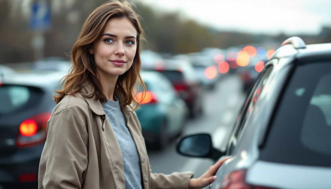 A woman inspects her car after a rear-end collision on a highway.