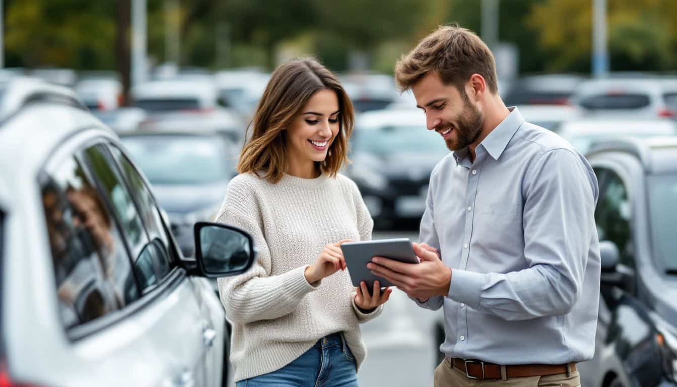 A couple in their 30s is inspecting an SUV at a dealership.