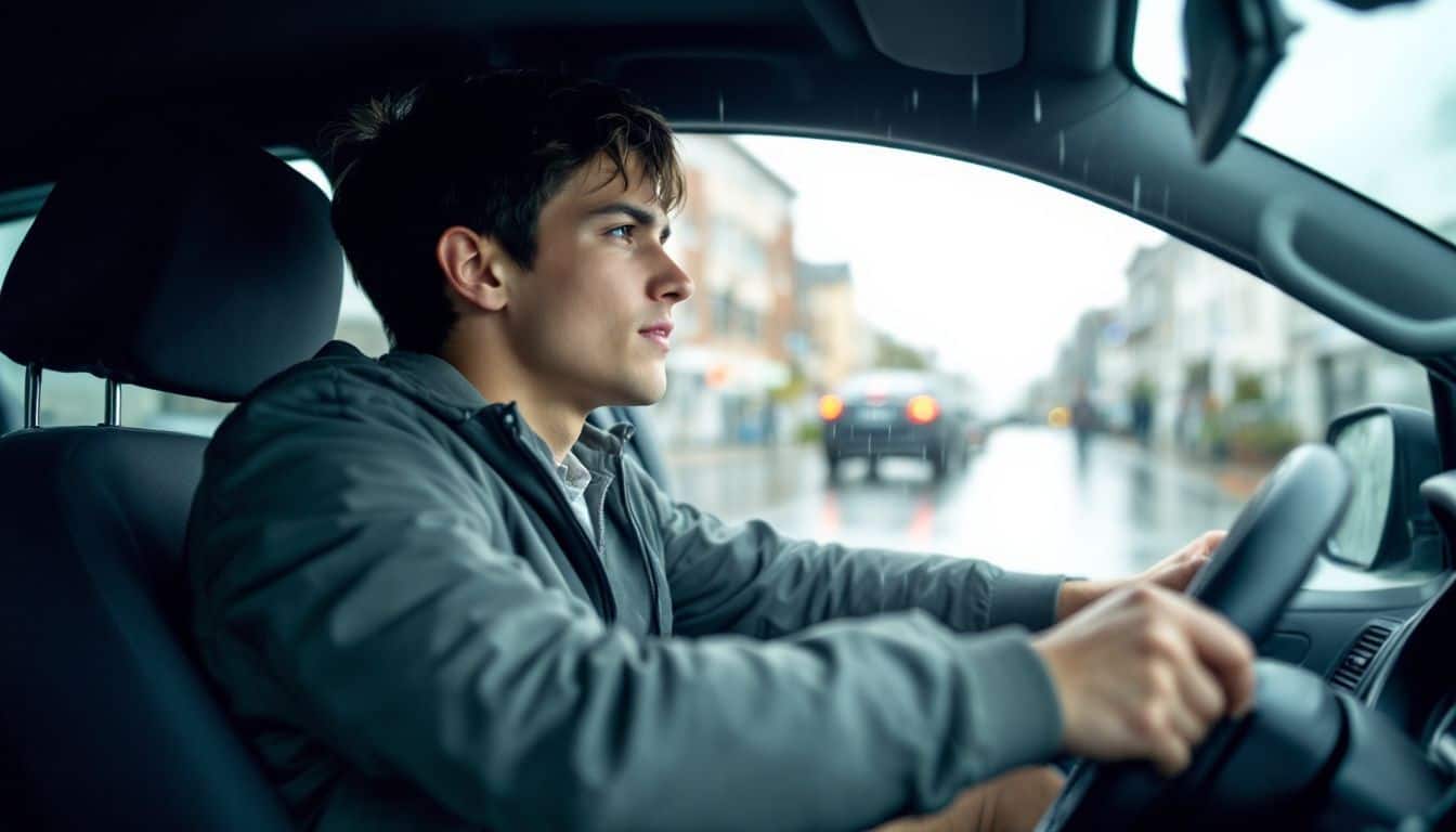 A young driver navigates a wet road with urgency and focus.