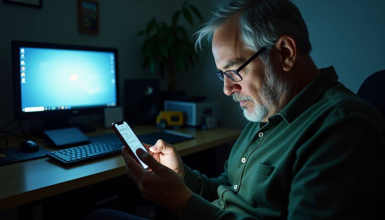 An older man is using his iPhone in a cluttered room.