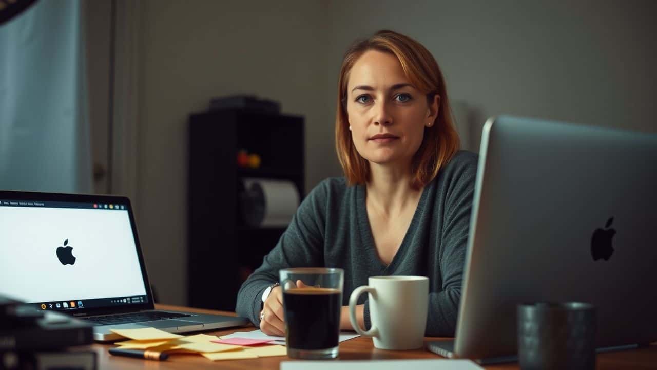 A woman at a cluttered desk using technology to improve productivity.