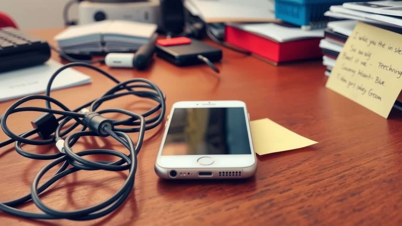 A cluttered home office desk with iPhone, charging cables, and sticky note.