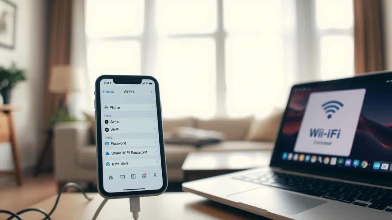 An iPhone and laptop display active Wi-Fi connectivity in a living room.